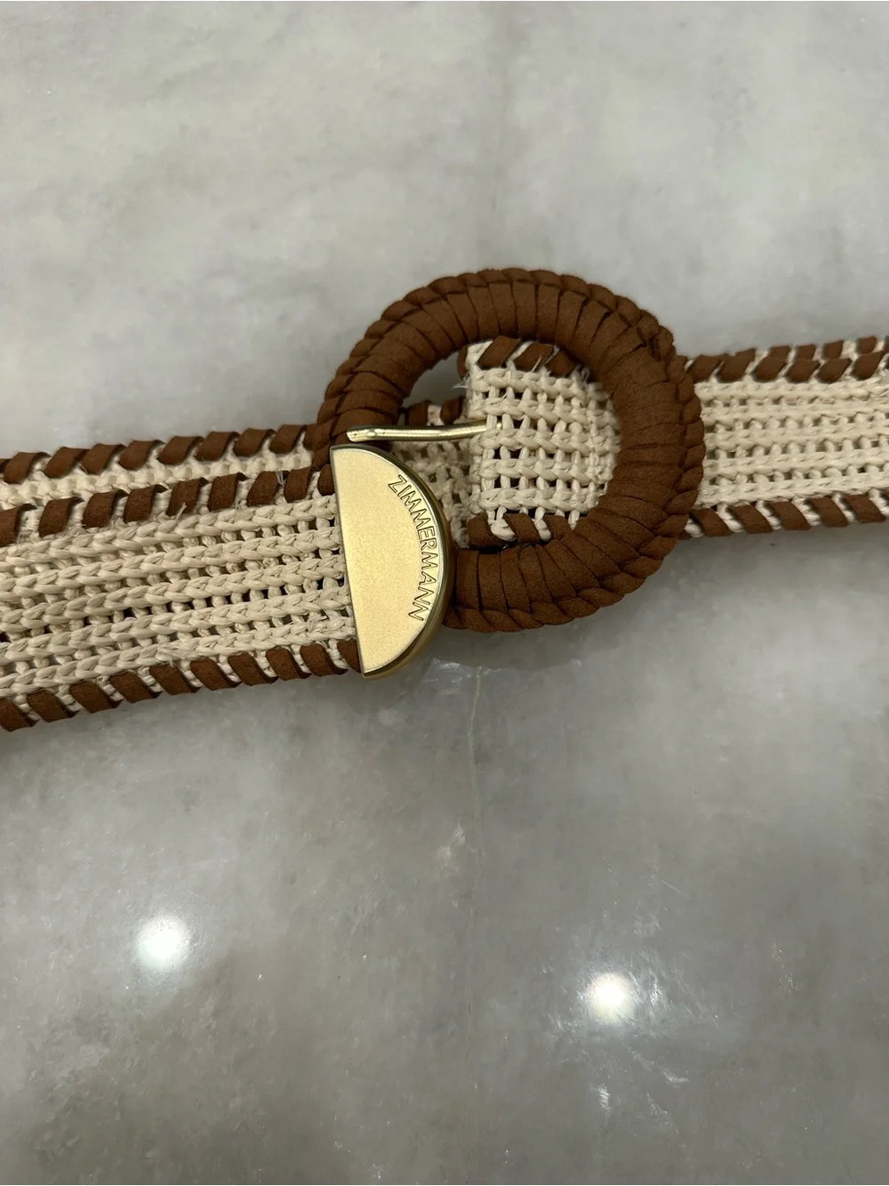 Zimmermann Beige Woven Belt with Brown Buckle and Gold Accent